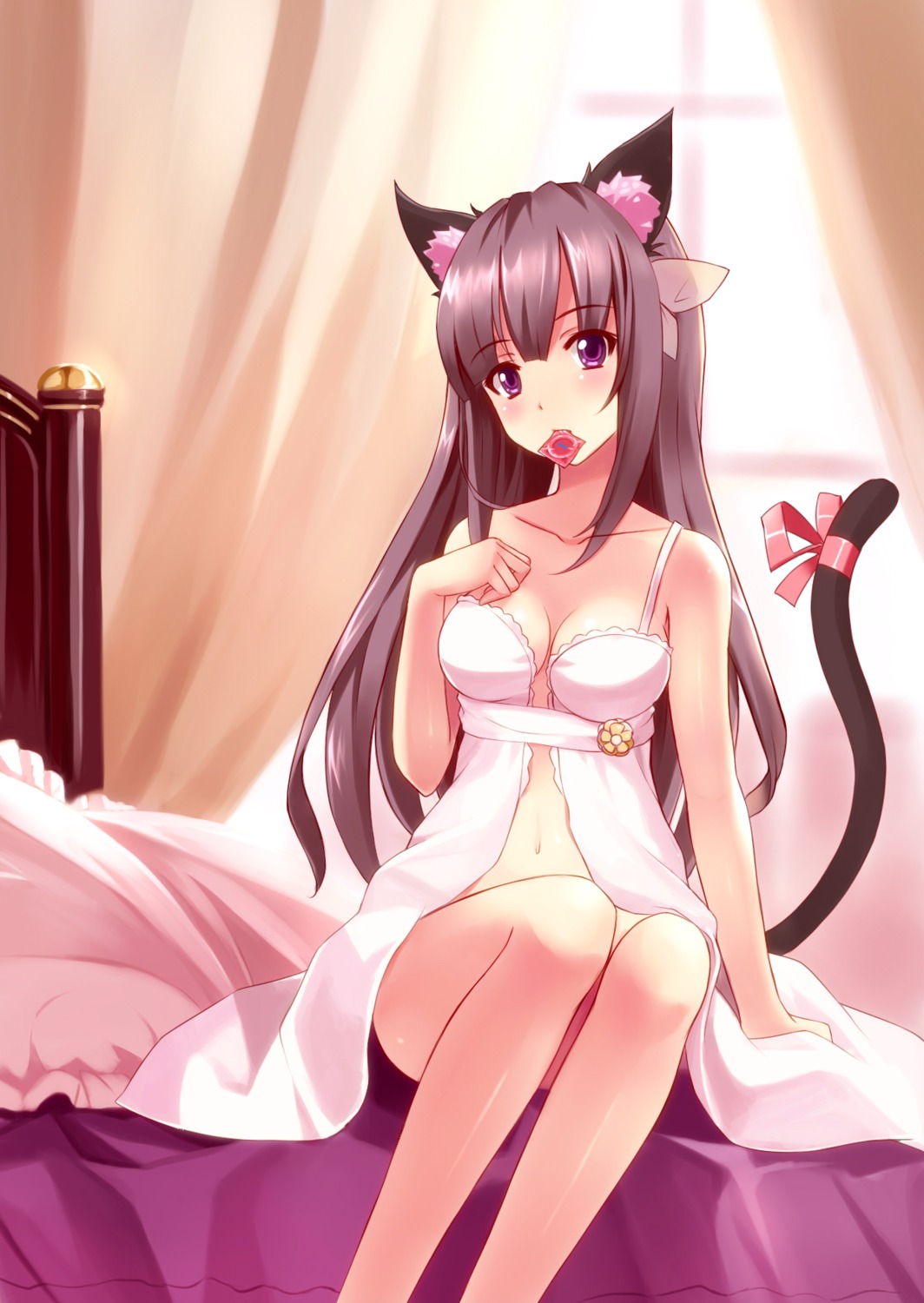 akanotsuki akemi_homura animal_ears cleavage lingerie mahou_shoujo_madoka_magica nekomimi tail