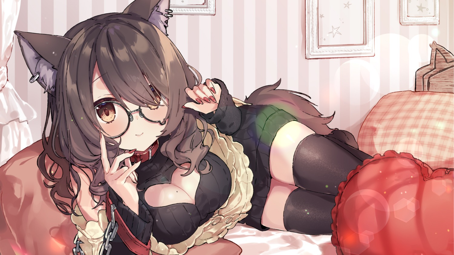 animal_ears dress light_up megane nekomimi sweater tail thighhighs wallpaper yumesaki_nana yuzuki_uru