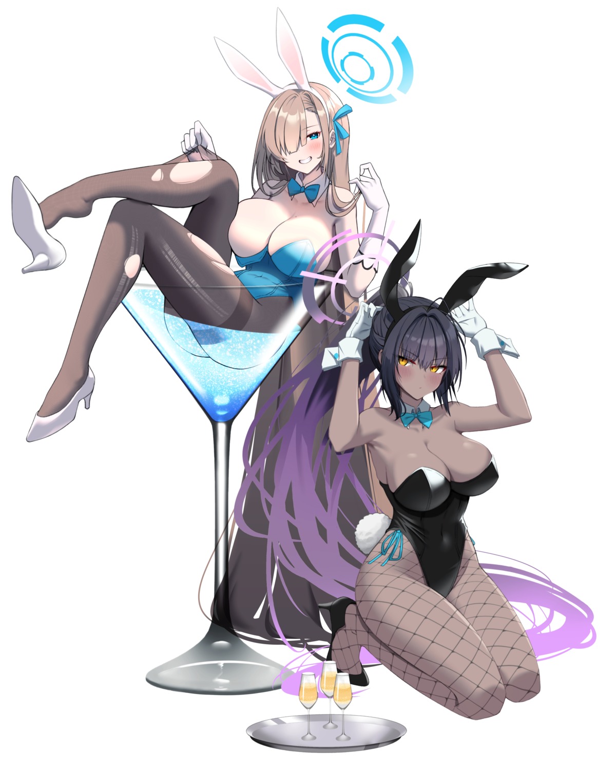 animal_ears blue_archive bunny_ears bunny_girl fishnets halo heels ichinose_asuna kakudate_karin no_bra otakummm pantyhose tail tattoo torn_clothes wet