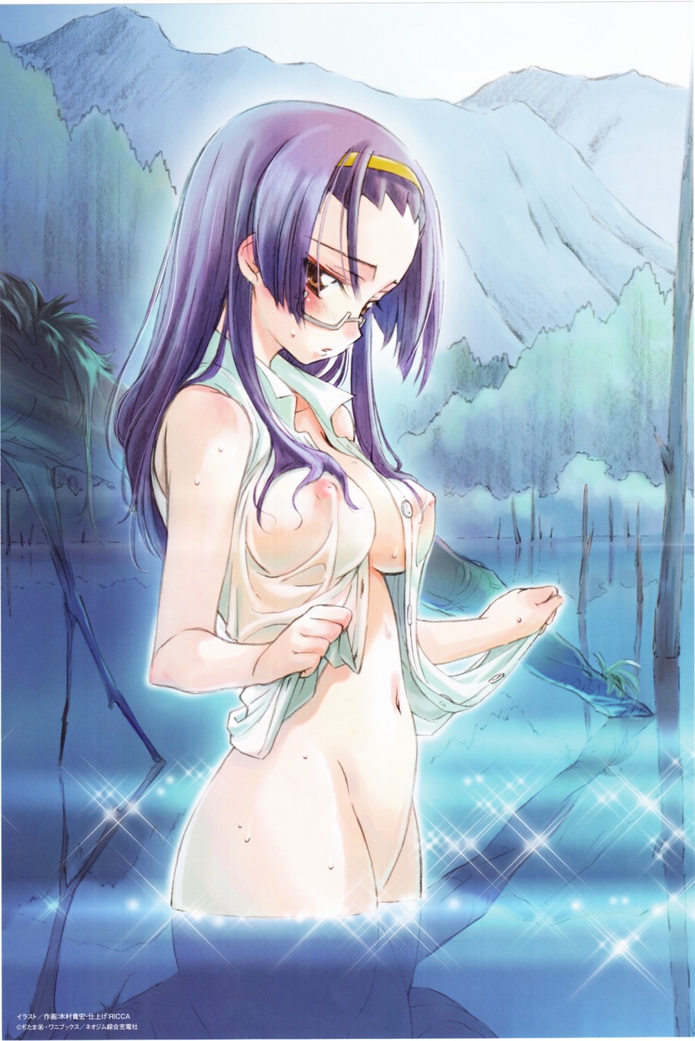 aresta_blanket bottomless cropme fight_ippatsu!_juuden-chan!! kimura_takahiro megane nipples no_bra ricca see_through wet wet_clothes