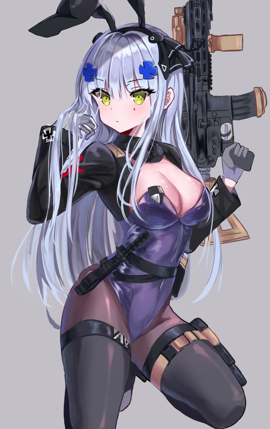 animal_ears bunny_ears bunny_girl clming garter girls_frontline gun hk416_(girls_frontline) no_bra pantyhose thighhighs