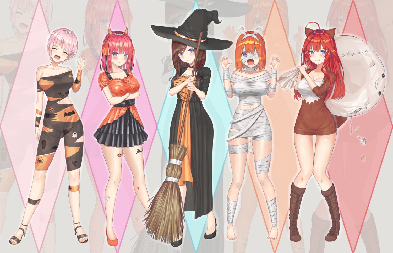 5-toubun_no_hanayome animal_ears bandages breast_hold cleavage dress halloween heels horns nakano_ichika nakano_itsuki nakano_miku nakano_nino nakano_yotsuba naked_ribbon nyaa28 tail torn_clothes witch