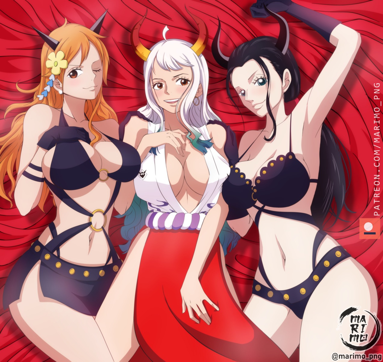 bra cleavage devil horns marimo nami nico_robin no_bra one_piece open_shirt yamato_(one_piece)