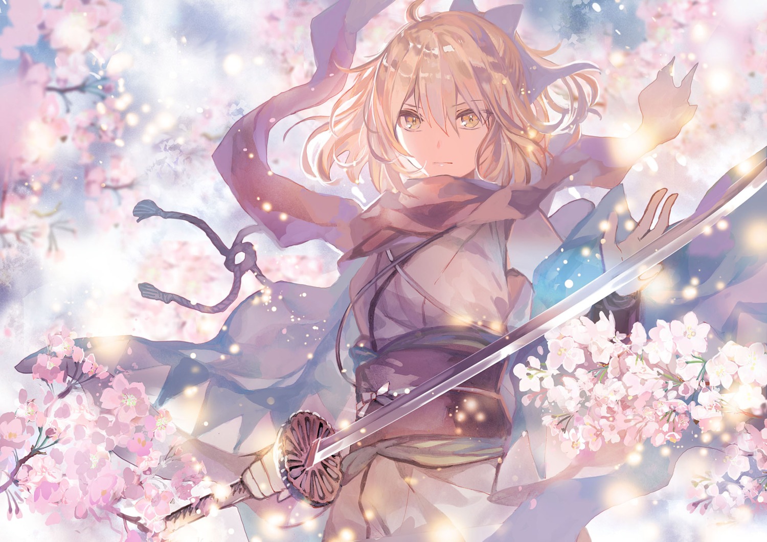 fate/grand_order japanese_clothes okita_souji_(fate) rioka_(southern_blue_sky) sword