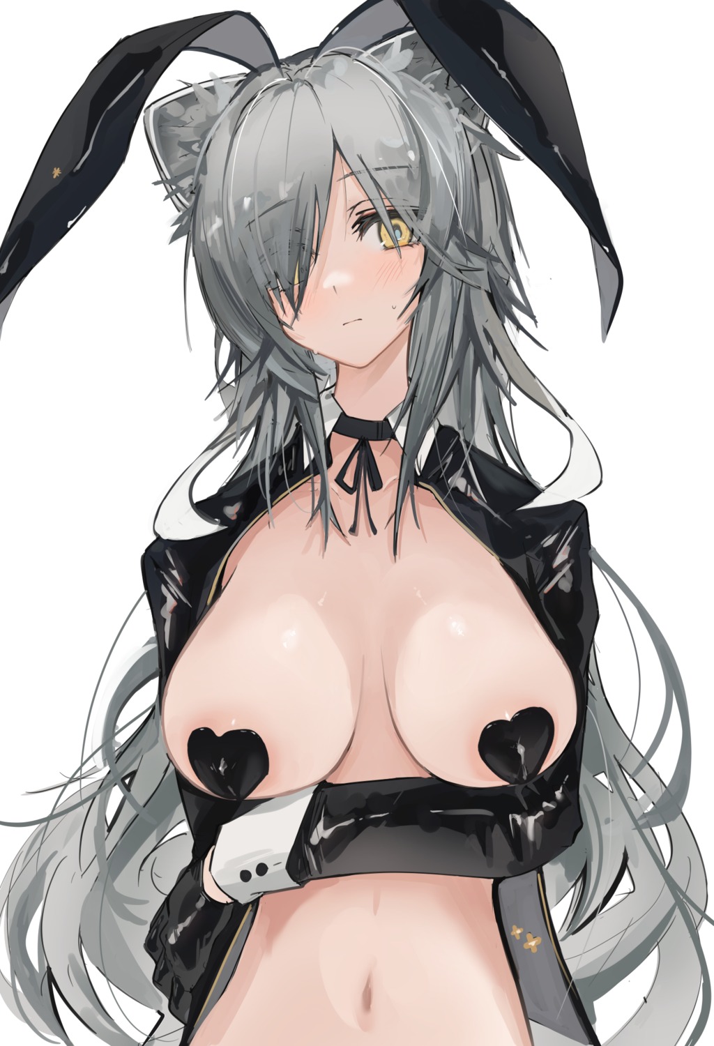 animal_ears areola arknights breasts bunny_ears mikojin no_bra open_shirt pasties schwarz_(arknights)