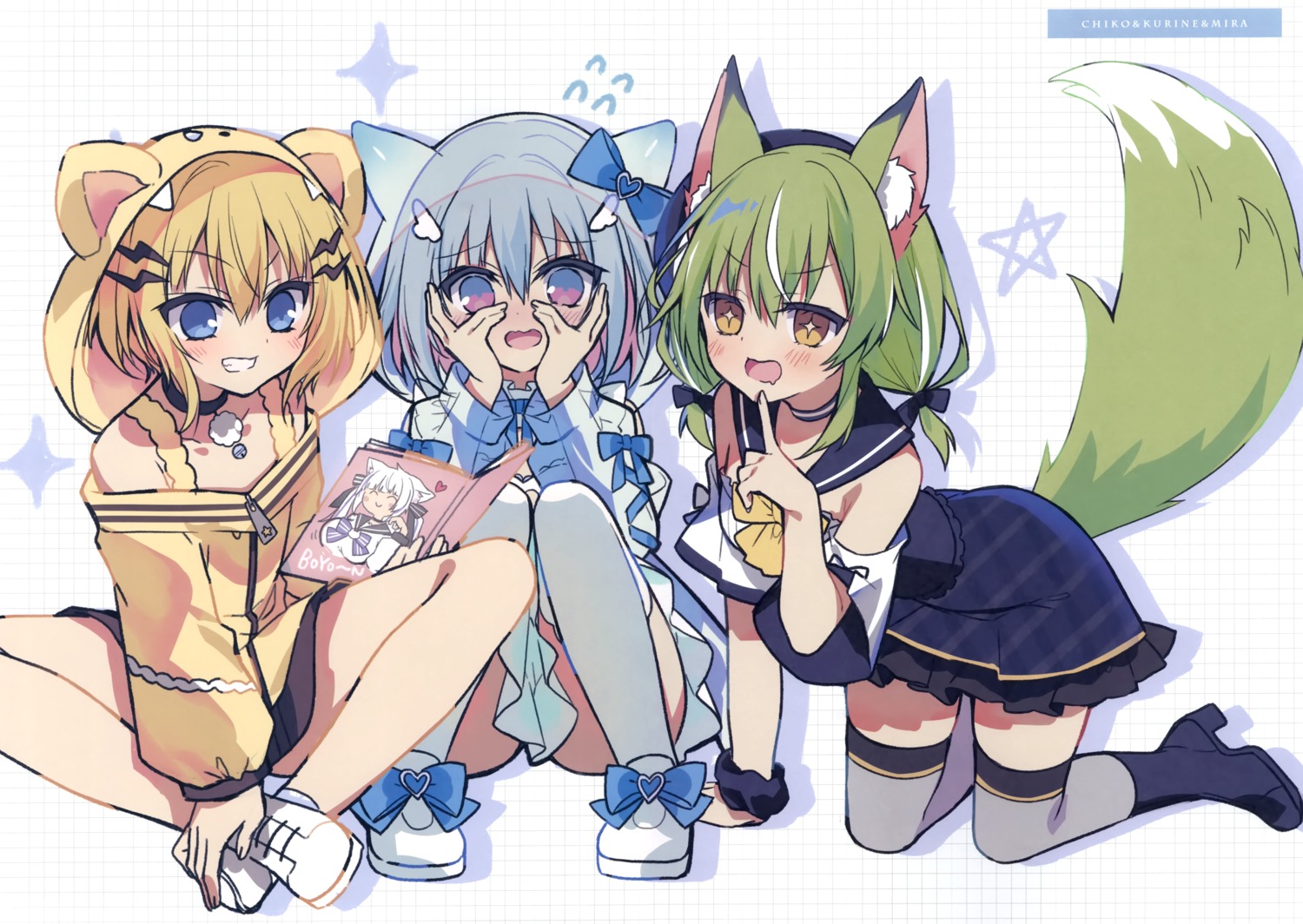 amami_kurine animal_ears chericot_rozel haconect heels kohinata_chiko matsumiya_kiseri mira_lupus nekomimi see_through seifuku sketch skirt_lift tail thighhighs