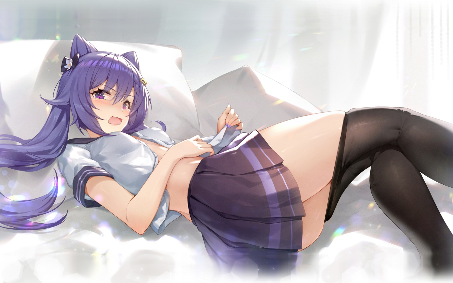 genshin_impact keqing no_bra open_shirt pantyhose ring_(1079882045) seifuku skirt_lift