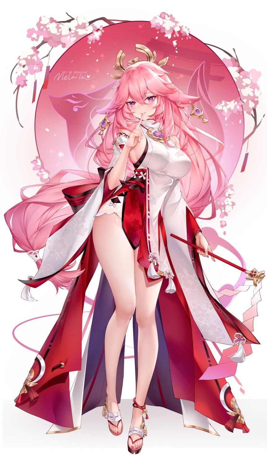 animal_ears genshin_impact japanese_clothes kitsune melailai no_bra yae_miko