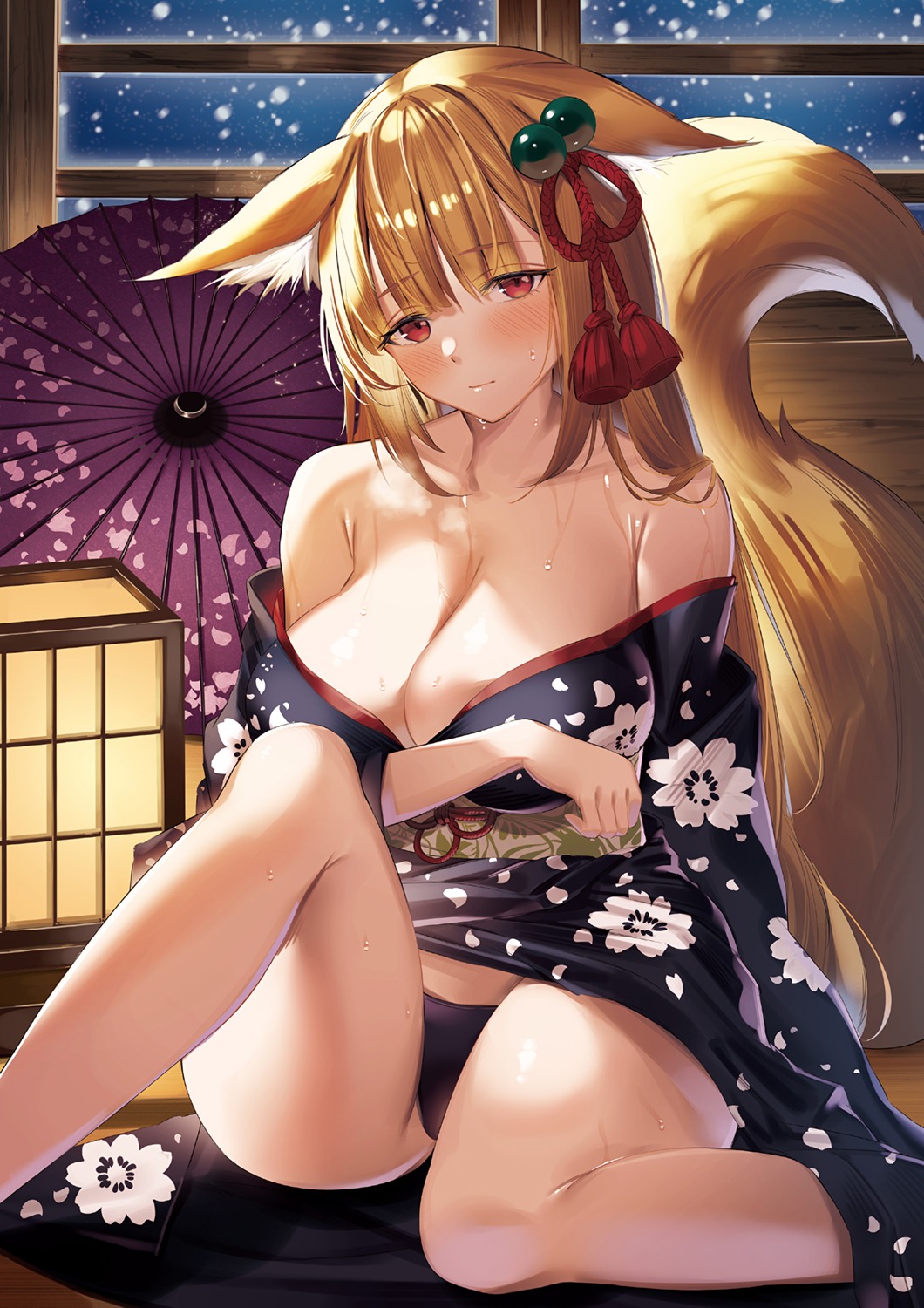 animal_ears kimono kitsune no_bra open_shirt pantsu sg_(satoumogumogu) skirt_lift tail upscaled wet