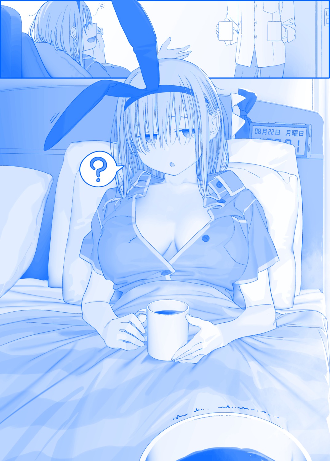 animal_ears bunny_ears cleavage getsuyoubi_no_tawawa himura_kiseki maegami-chan monochrome no_bra open_shirt pajama sheets