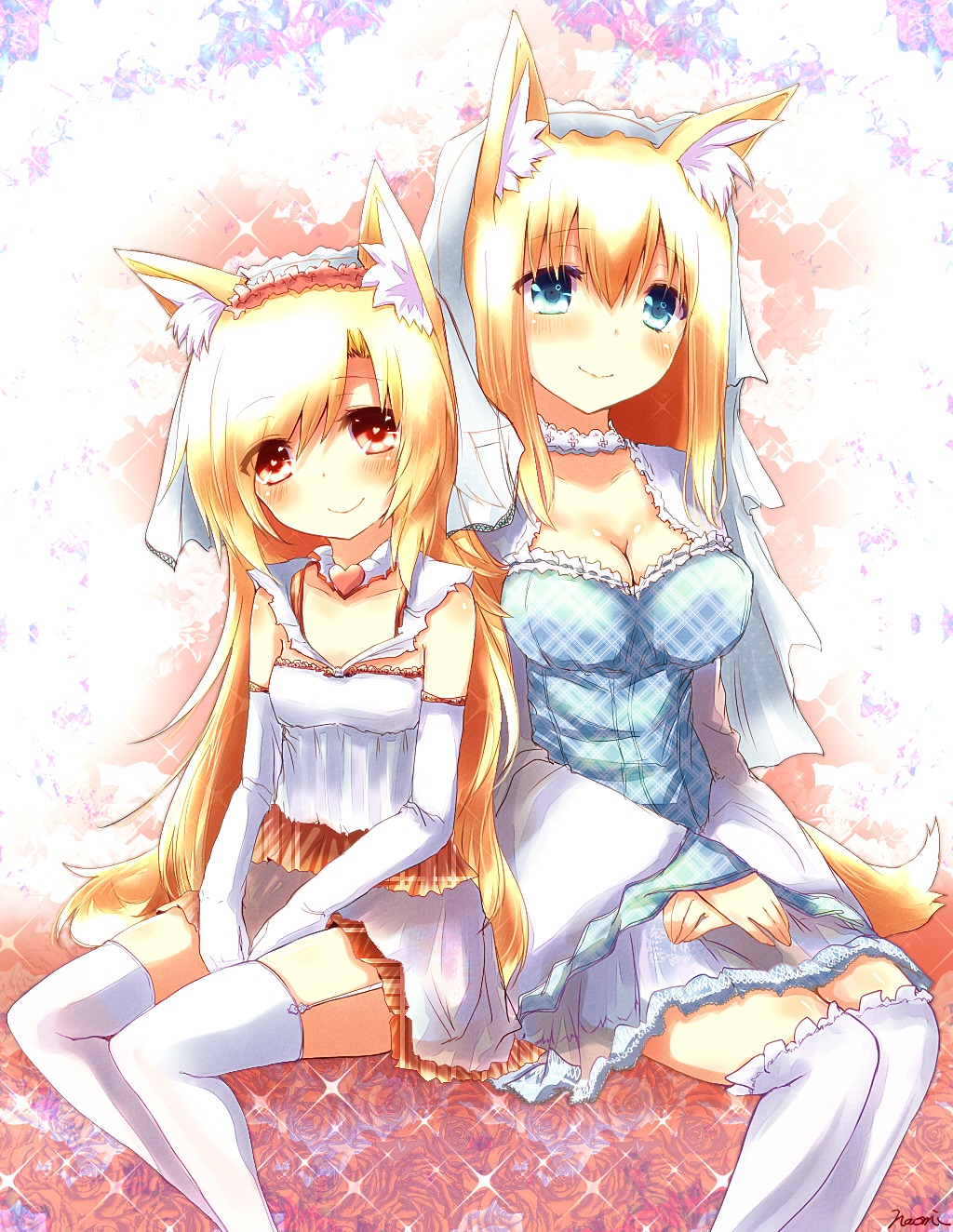 animal_ears cleavage dress kitsune naomi_(sekai_no_hate_no_kissaten) tail thighhighs wedding_dress