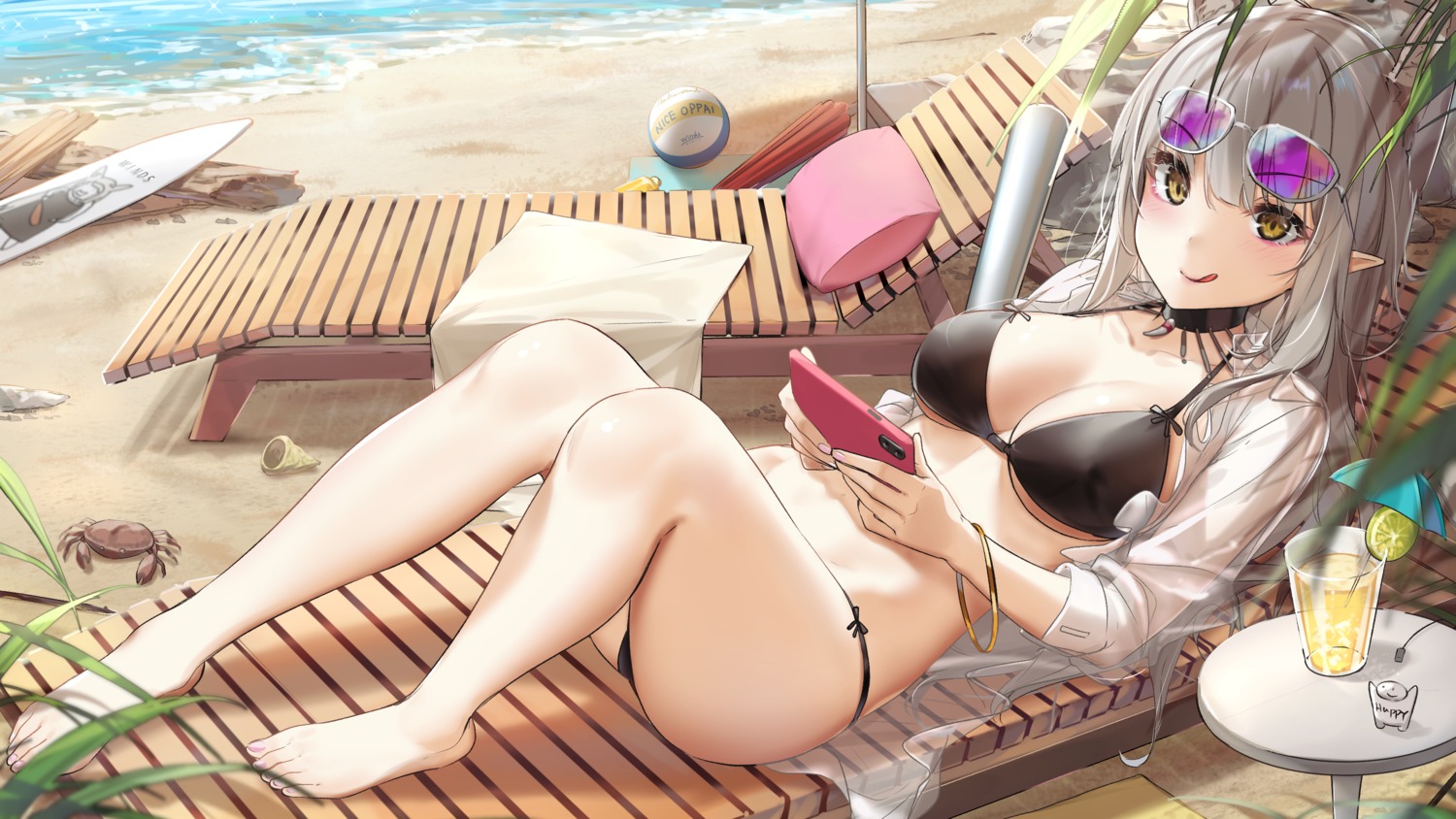 bikini megane open_shirt pointy_ears see_through swimsuits wet_elephant