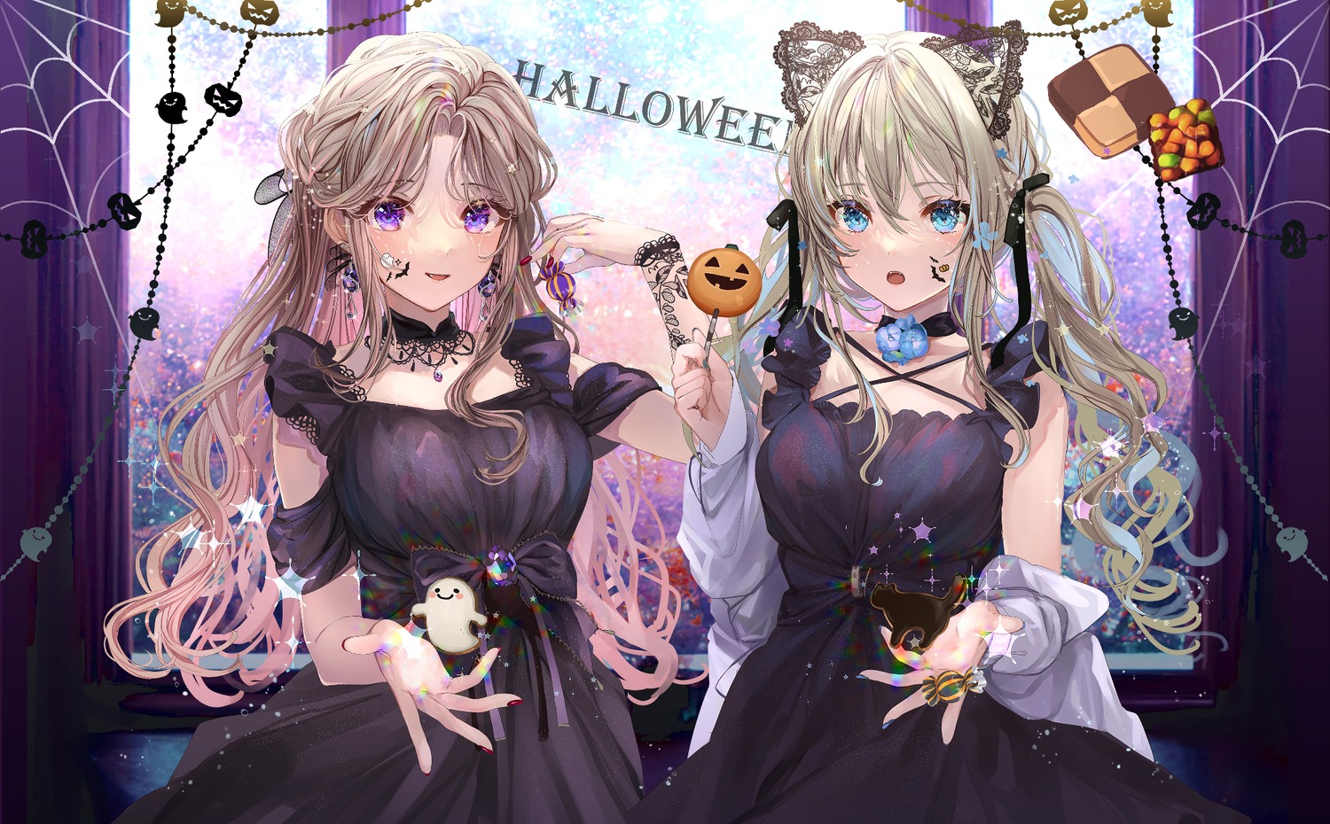 animal_ears dress fishnets halloween puracotte see_through tattoo