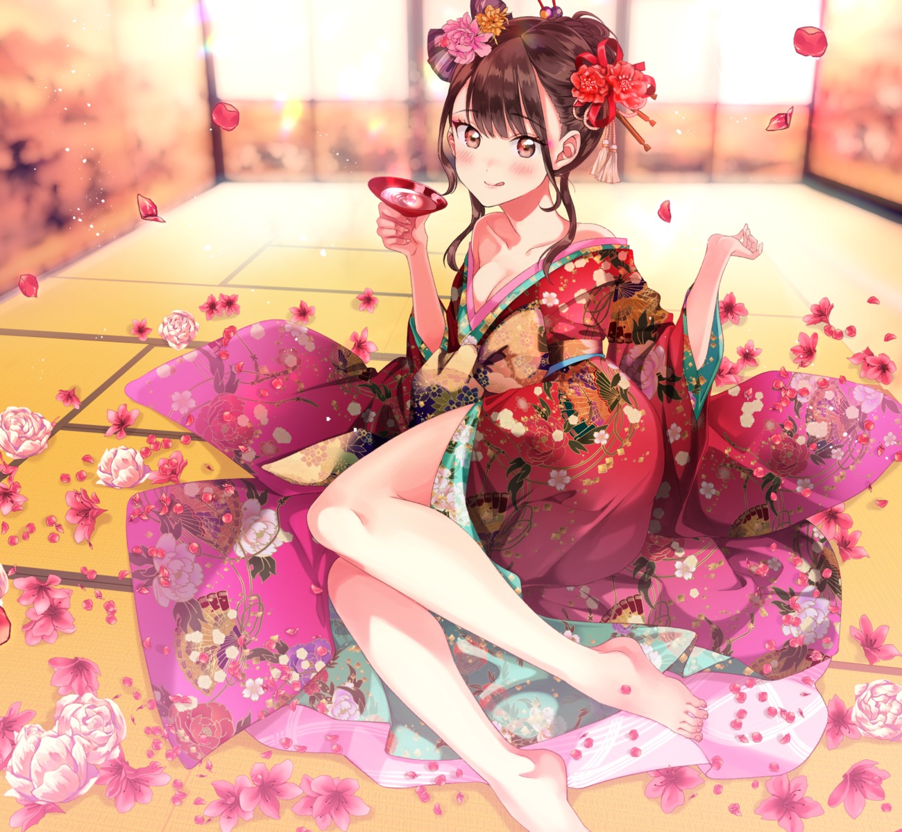 feet kimono matsuzaki_miyuki no_bra open_shirt