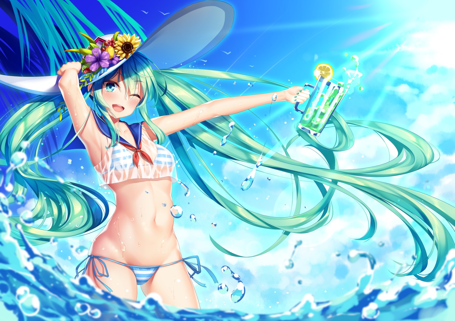 bikini hatsune_miku meion see_through swimsuits vocaloid wet wet_clothes