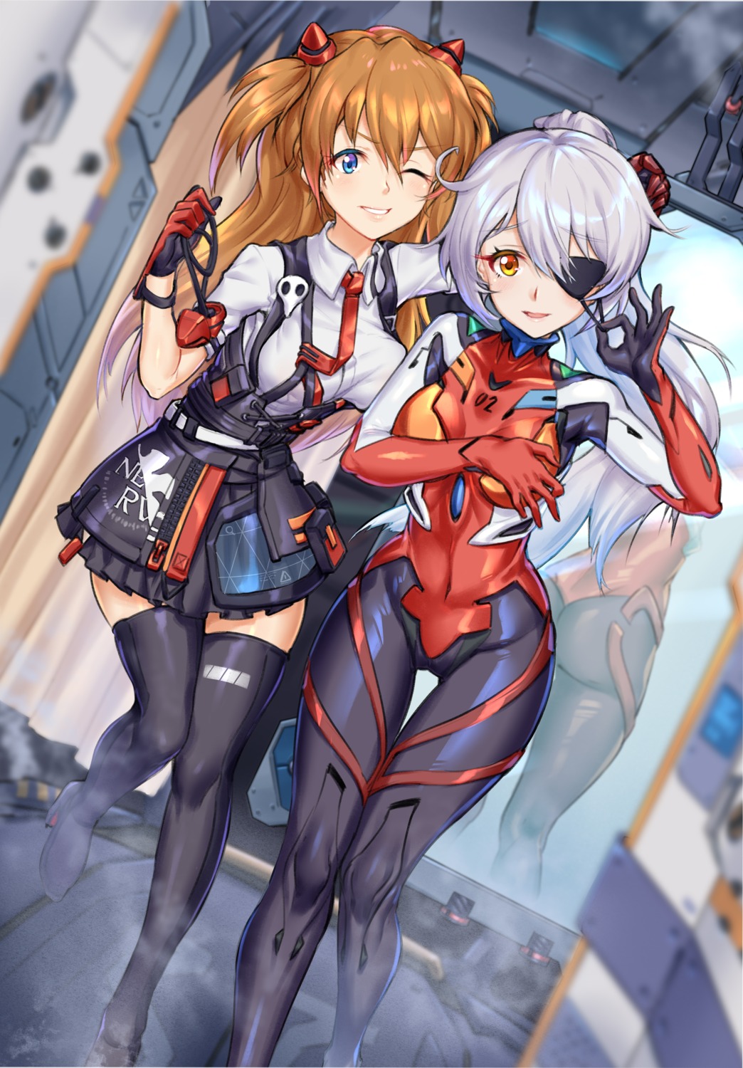 benghuai_xueyuan bodysuit breast_hold cosplay crossover eyepatch honkai_impact kiana_kaslana neon_genesis_evangelion sachiel sirills souryuu_asuka_langley thighhighs