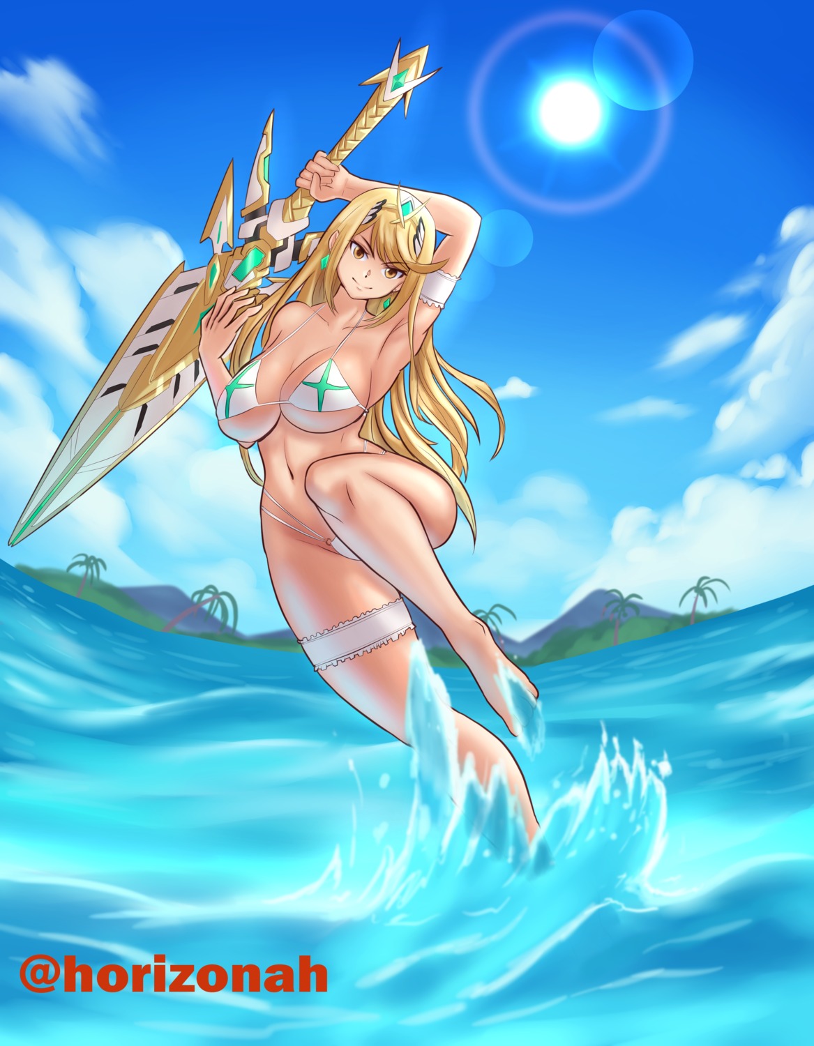 bikini garter hikari_(xenoblade_2) horizonah swimsuits sword wet xenoblade xenoblade_chronicles_2