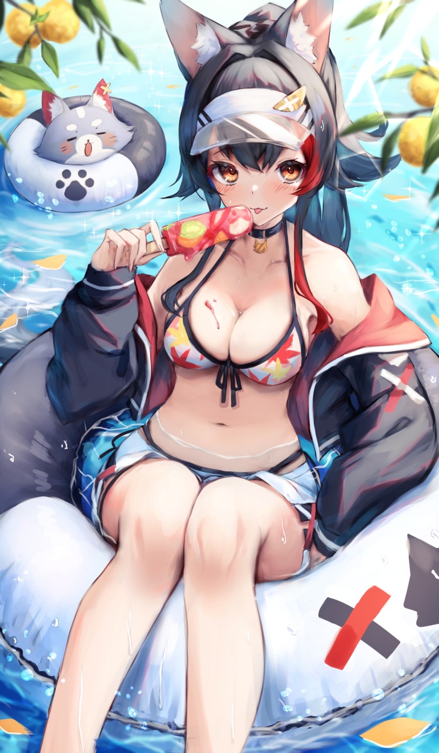 animal_ears hololive hololive_gamers inre_kemomimi ookami_mio open_shirt swimsuits