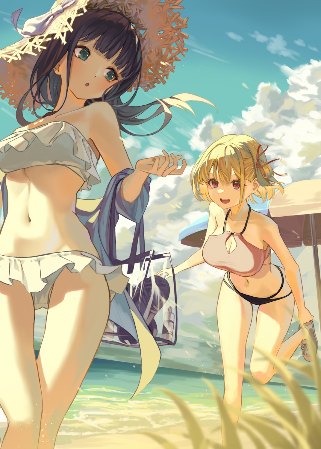 bikini cleavage inoue_takina lycoris_recoil nishikigi_chisato open_shirt roco_(rocoroco1115) swimsuits