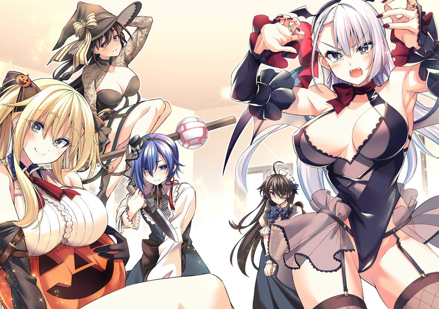 elfiné_phillet halloween keigen_hichou leonis_death_magnus leotard maid no_bra regina_mercedes riselia_ray_crystalia sakuya_sieglinde see_through seiken_gakuin_no_maken_tsukai stockings thighhighs trap weapon witch