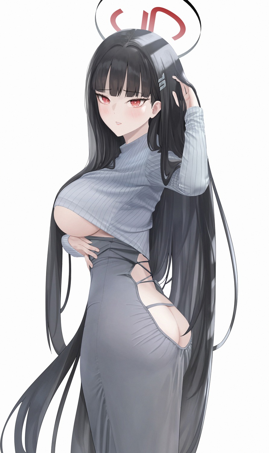 ass bbul_horn blue_archive halo no_bra nopan shirt_lift sweater tsukatsuki_rio underboob