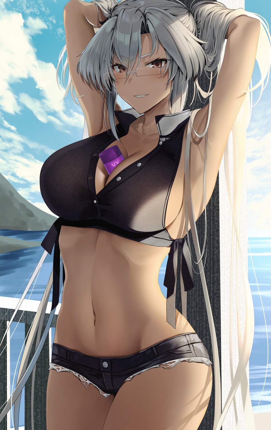 bikini cleavage kantai_collection megane musashi_(kancolle) swimsuits torn_clothes yunamaro