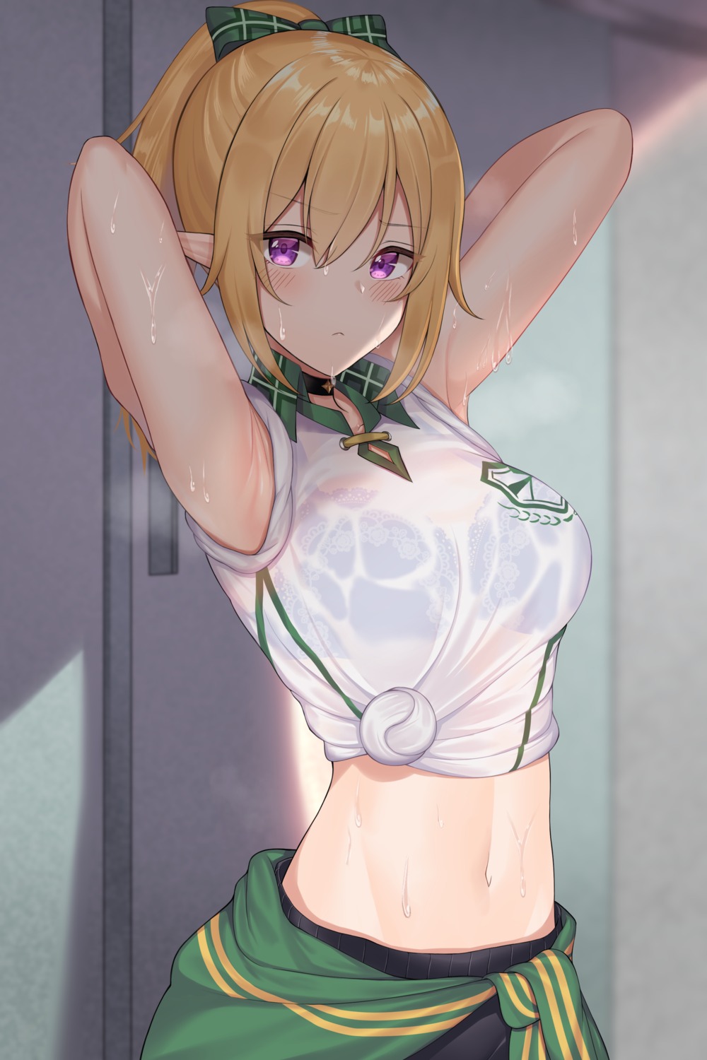 bra gym_uniform komainu_(yamaha1997) kuroe_hanako pointy_ears princess_connect princess_connect!_re:dive see_through shirt_lift wet wet_clothes