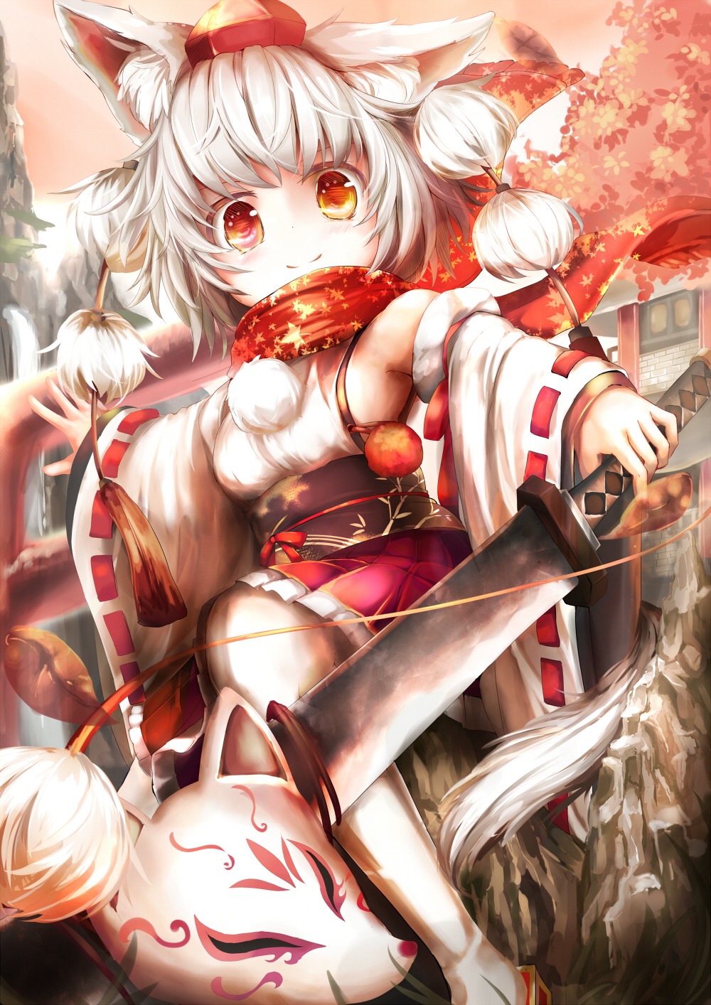 animal_ears inubashiri_momiji miko pantyhose sword tail touhou umagenzin