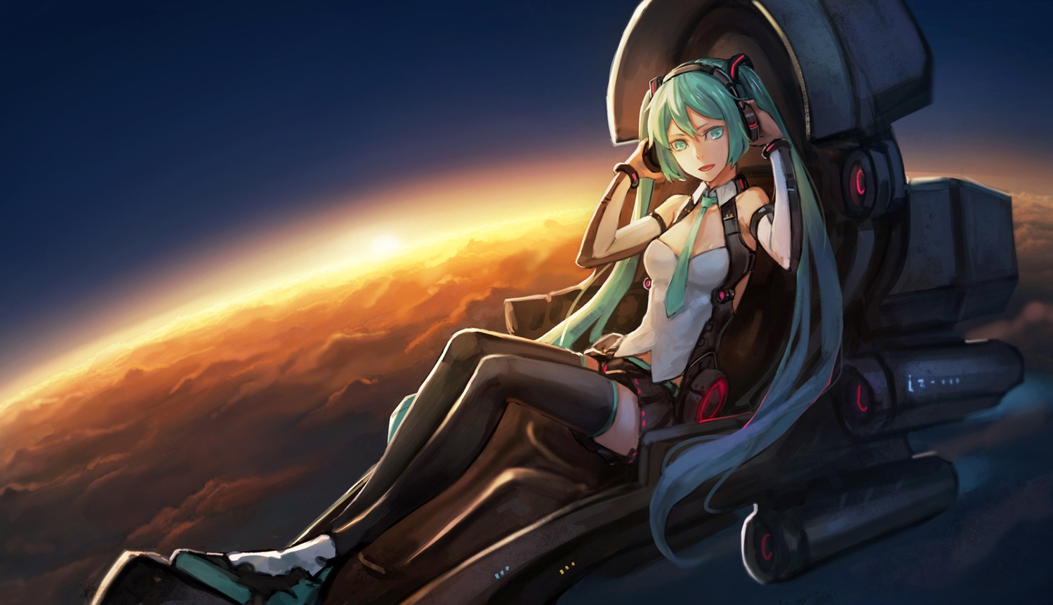 bryanth cleavage hatsune_miku headphones thighhighs vocaloid