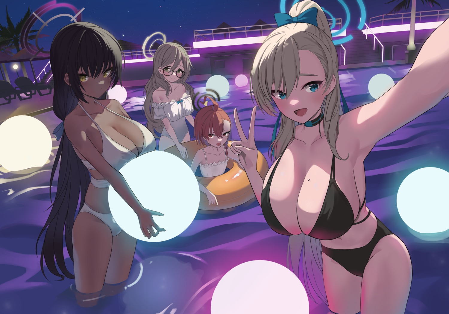 bikini blue_archive cleavage halo ichinose_asuna kakudate_karin loli lv.p megane mikamo_neru selfie swimsuits wet