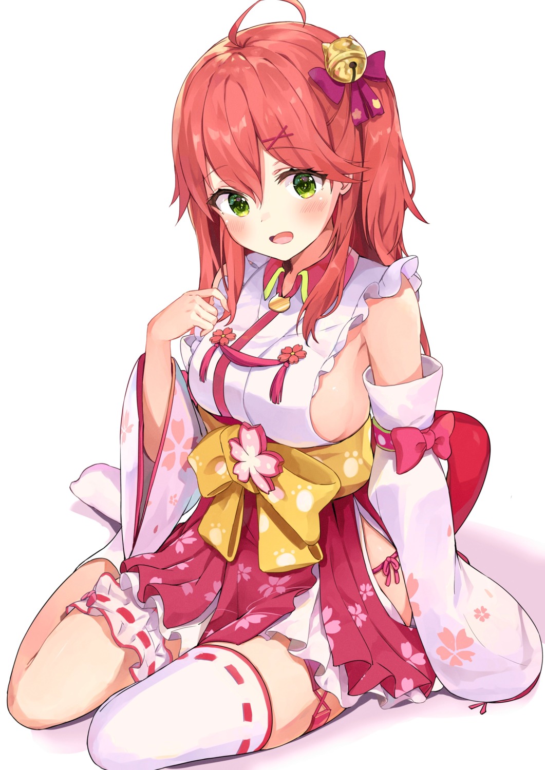 garter hololive japanese_clothes no_bra racchi. sakura_miko thighhighs