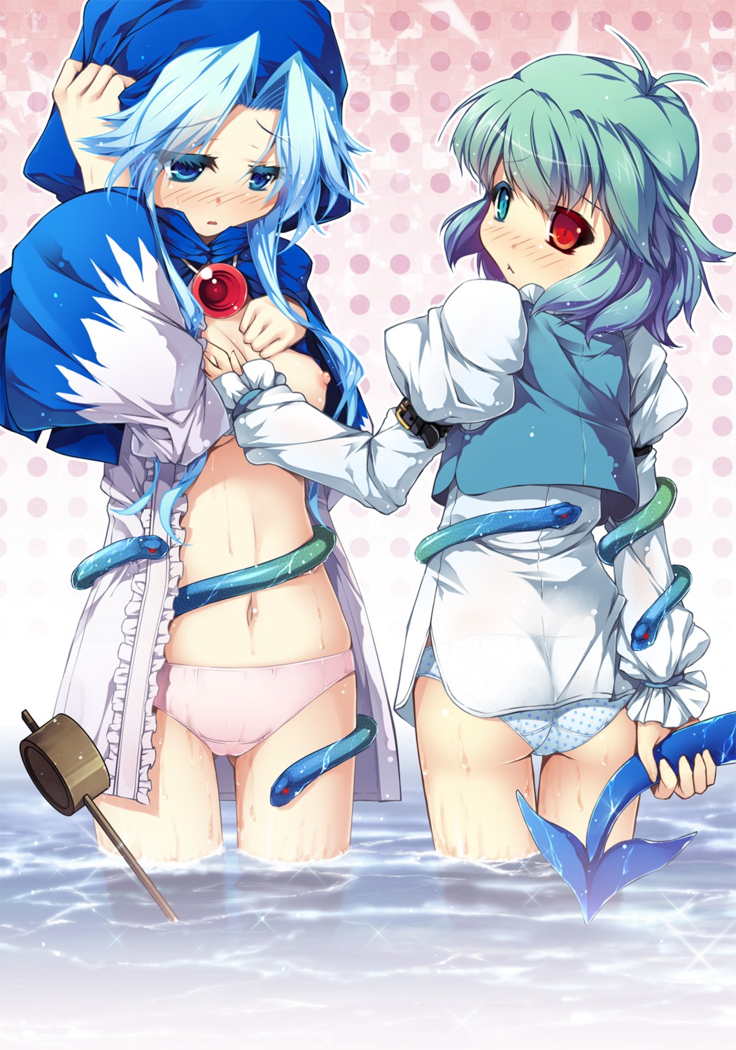 chima_q heterochromia kumoi_ichirin nipples no_bra open_shirt pantsu tatara_kogasa touhou wet_clothes