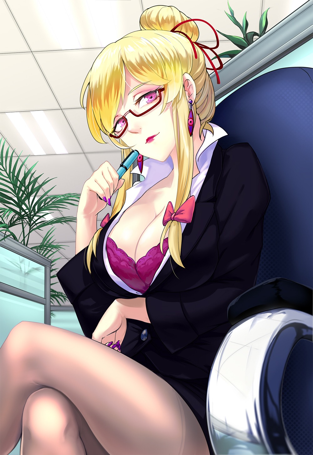 bra business_suit cleavage hunluan_zhongli megane open_shirt pantyhose touhou yakumo_yukari