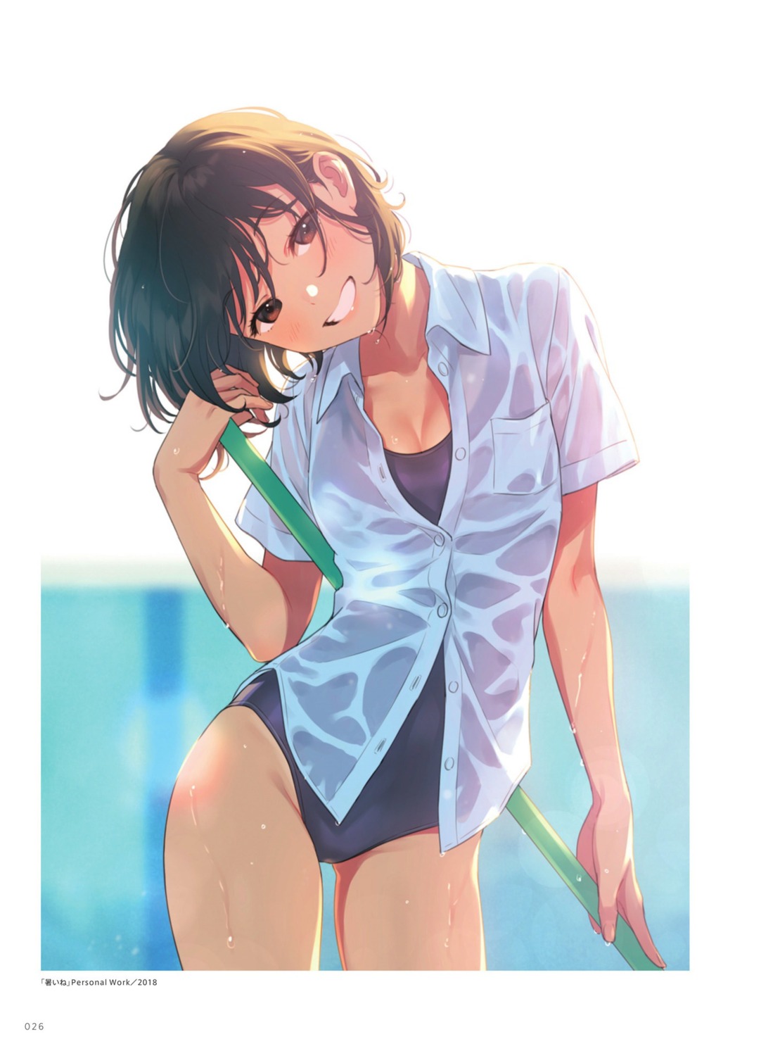 dress_shirt morikura_en school_swimsuit see_through swimsuits wet wet_clothes