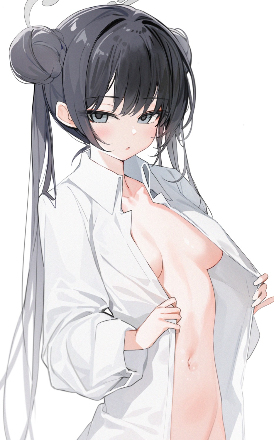 blue_archive dress_shirt halo loli no_bra open_shirt ryuuge_kisaki silver_(chenwen) undressing