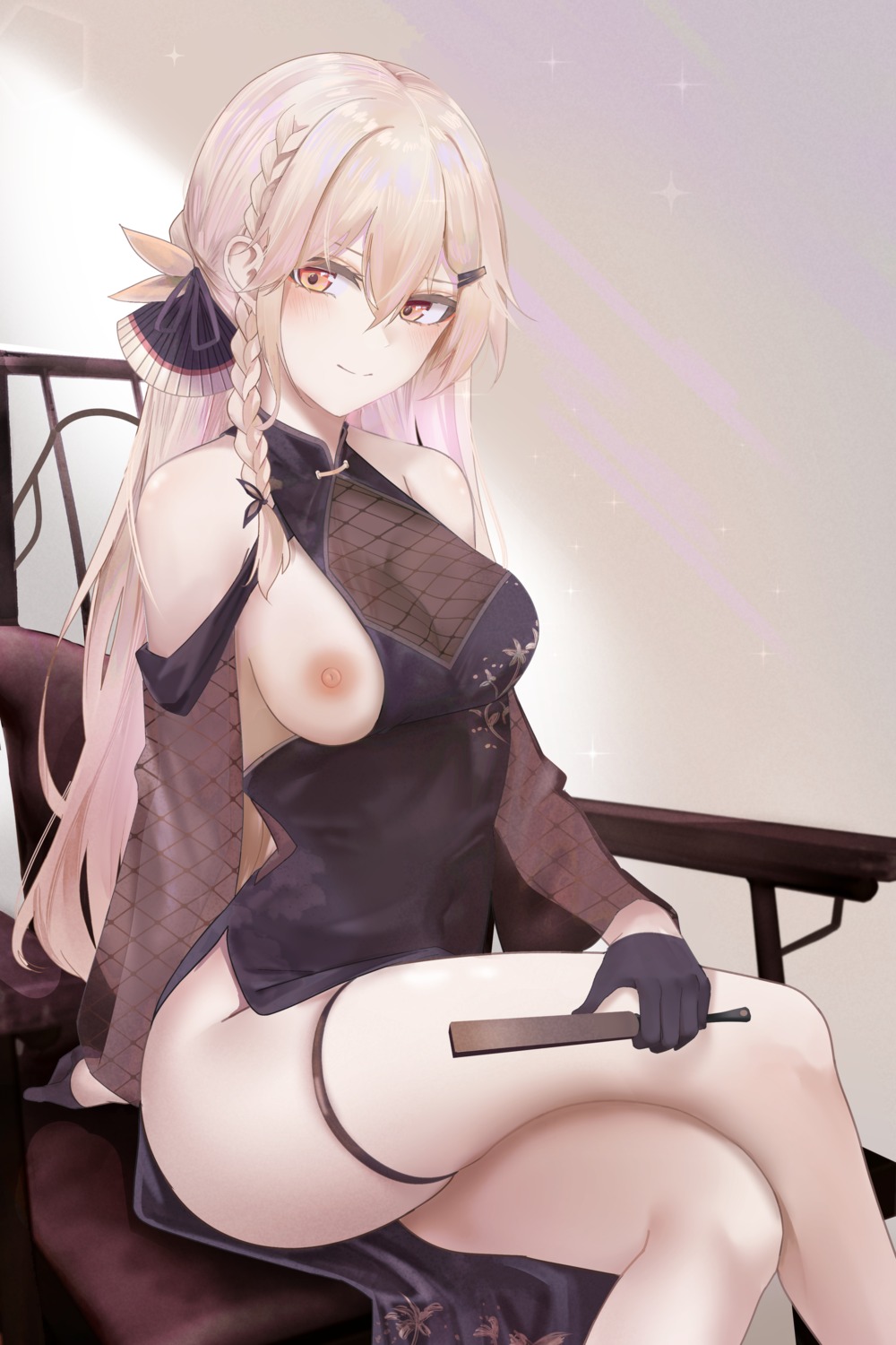 breasts chinadress fishnets garter girls_frontline nipples no_bra ots-14_(girls_frontline) ru_zhai see_through skirt_lift