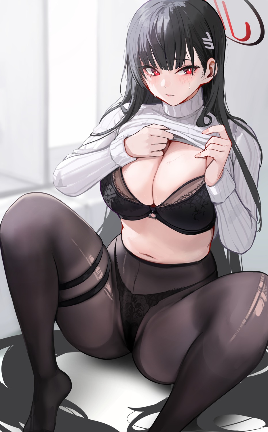 blue_archive bra chela77 garter halo pantsu pantyhose see_through shirt_lift sweater thong torn_clothes tsukatsuki_rio undressing