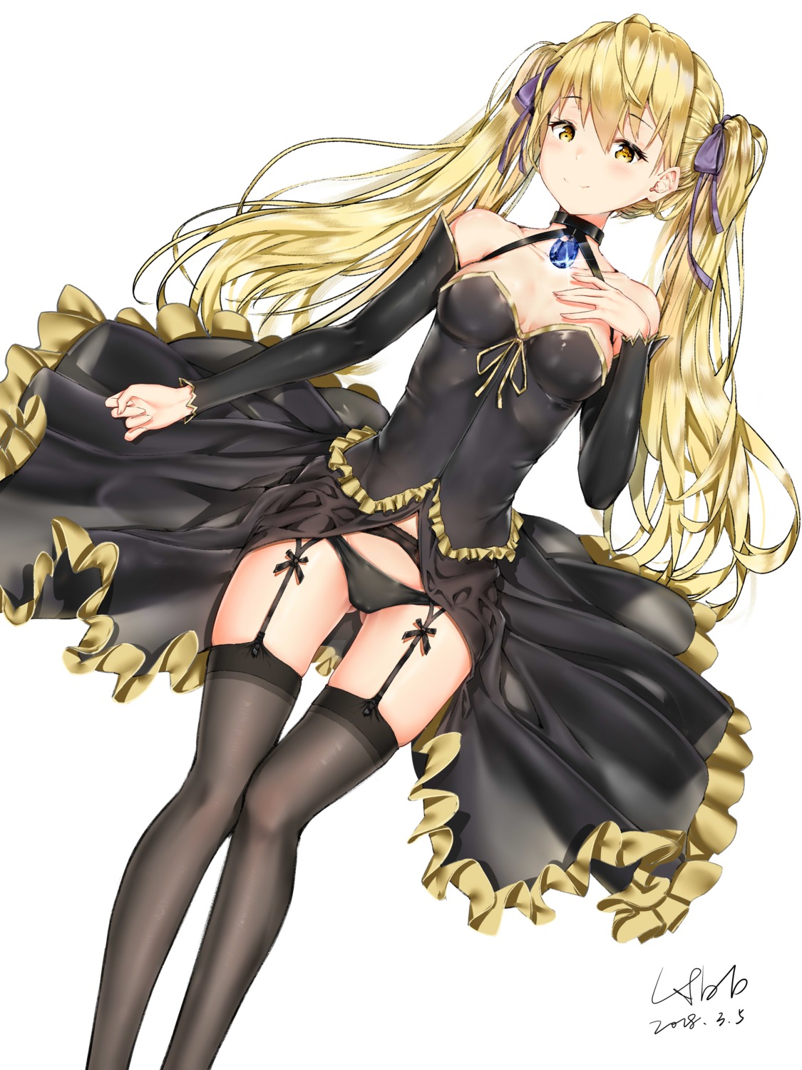 breast_hold cleavage garter_belt hbb pantsu skirt_lift stockings thighhighs