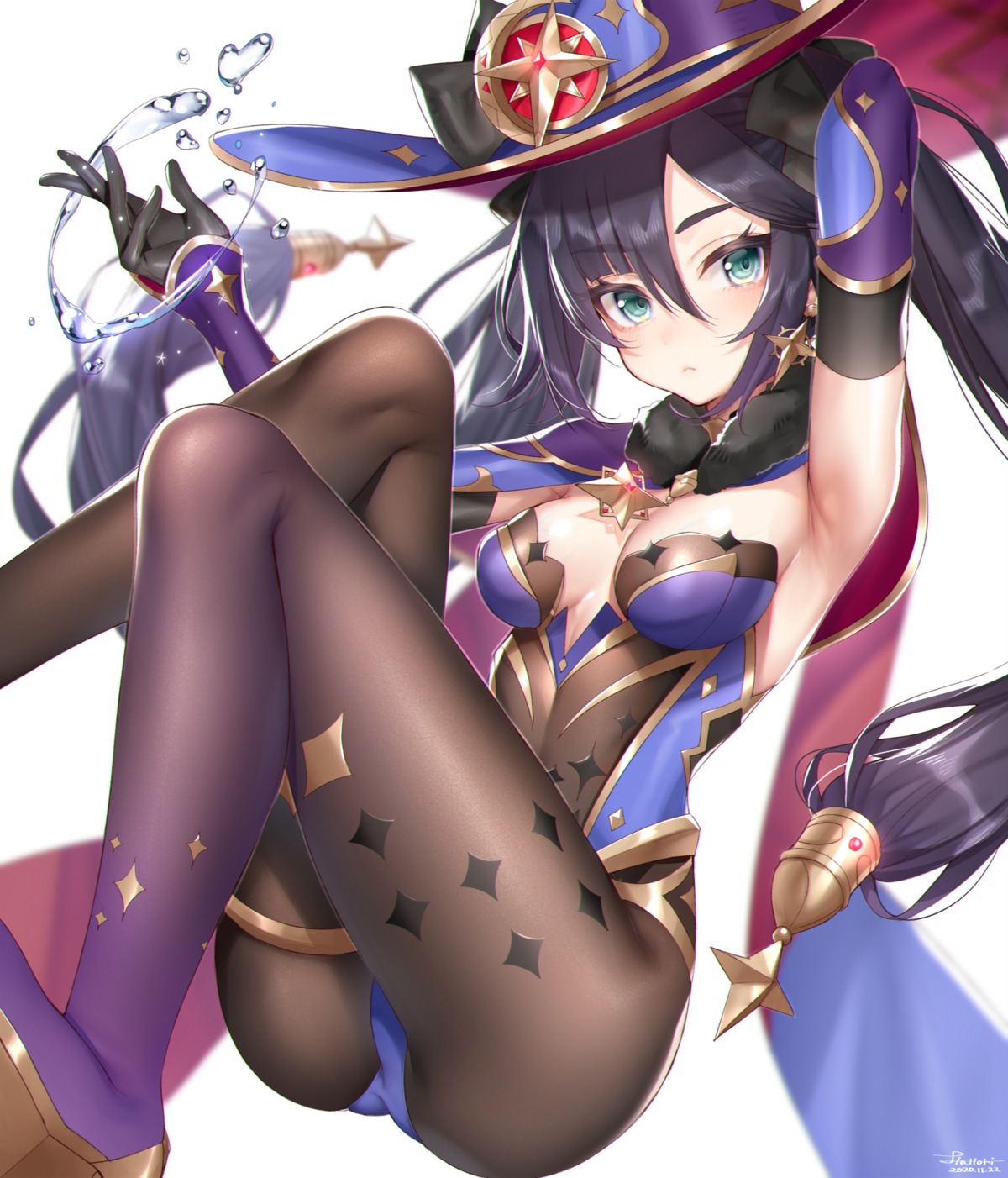 garter genshin_impact hattori_masaki leotard mona_megistus no_bra pantyhose witch