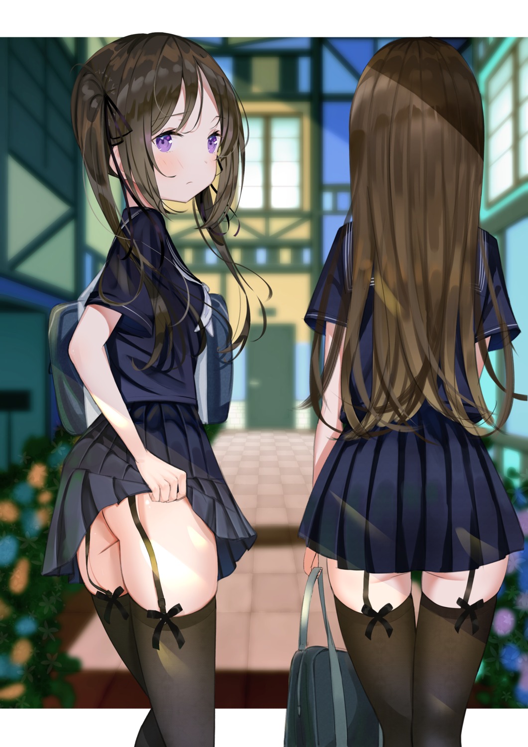 ass nopan sakura_yuu_(hzjy8485) seifuku skirt_lift stockings thighhighs