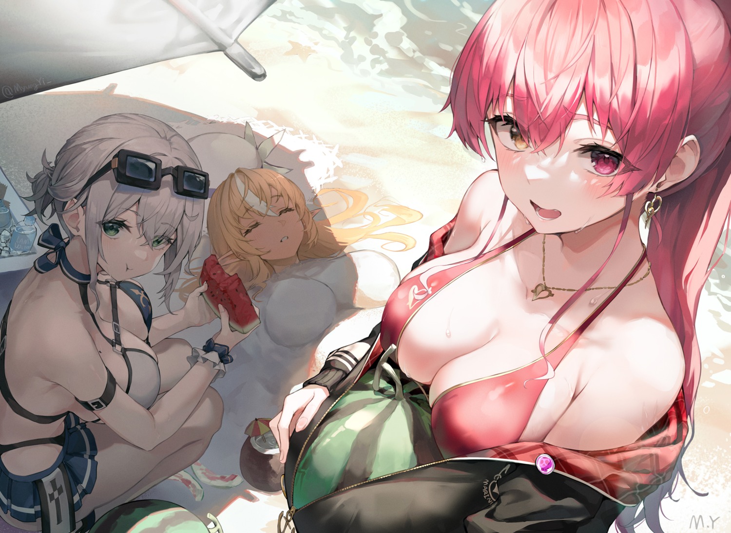 bikini elf heterochromia hololive houshou_marine myung_yi pointy_ears shiranui_flare shirogane_noel swimsuits