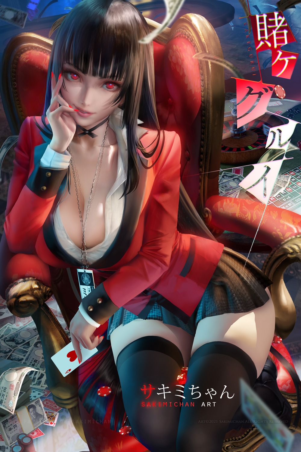 jabami_yumeko kakegurui no_bra open_shirt sakimichan seifuku thighhighs