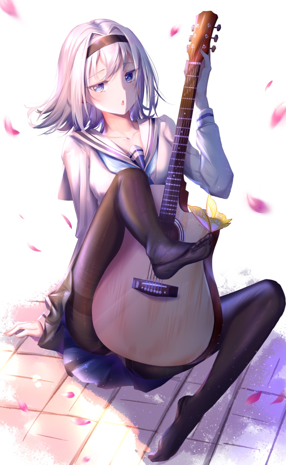 amaroku_neko feet guitar pantyhose ryuuou_no_oshigoto! seifuku skirt_lift