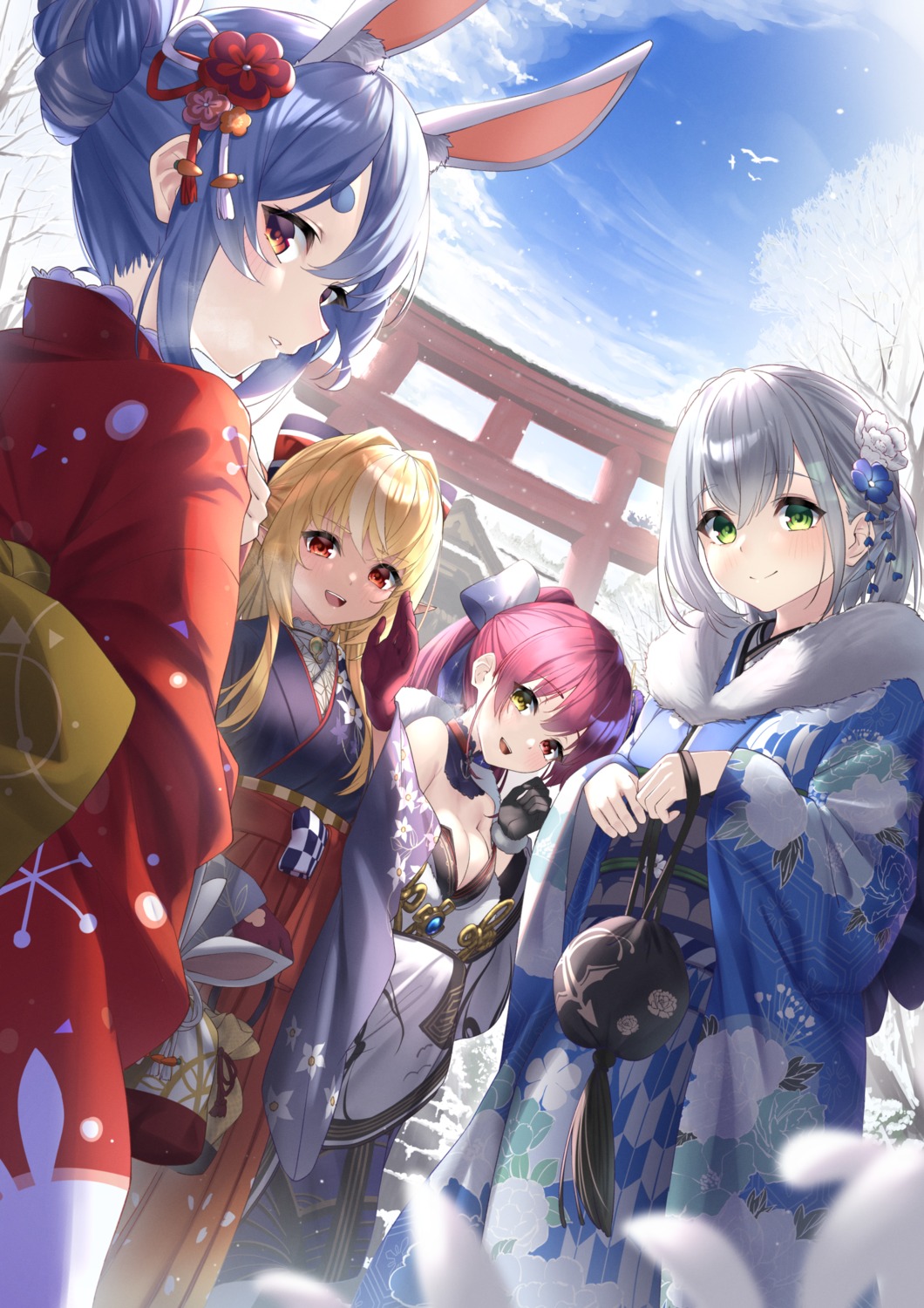 animal_ears bunny_ears elf heterochromia hololive houshou_marine japanese_clothes kimono no_bra open_shirt pointy_ears shiranui_flare shirogane_noel tsurupy usada_pekora