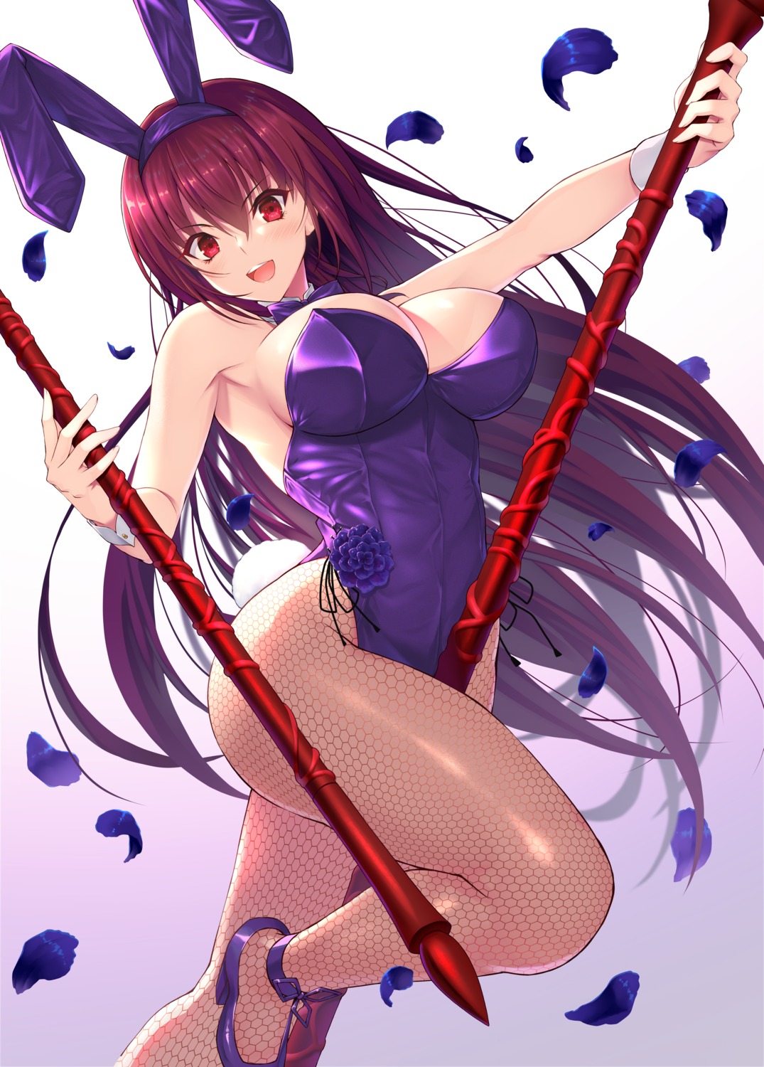 animal_ears bunny_ears bunny_girl cleavage emanon_123 fate/grand_order fishnets heels no_bra pantyhose scathach_(fate/grand_order) tail weapon
