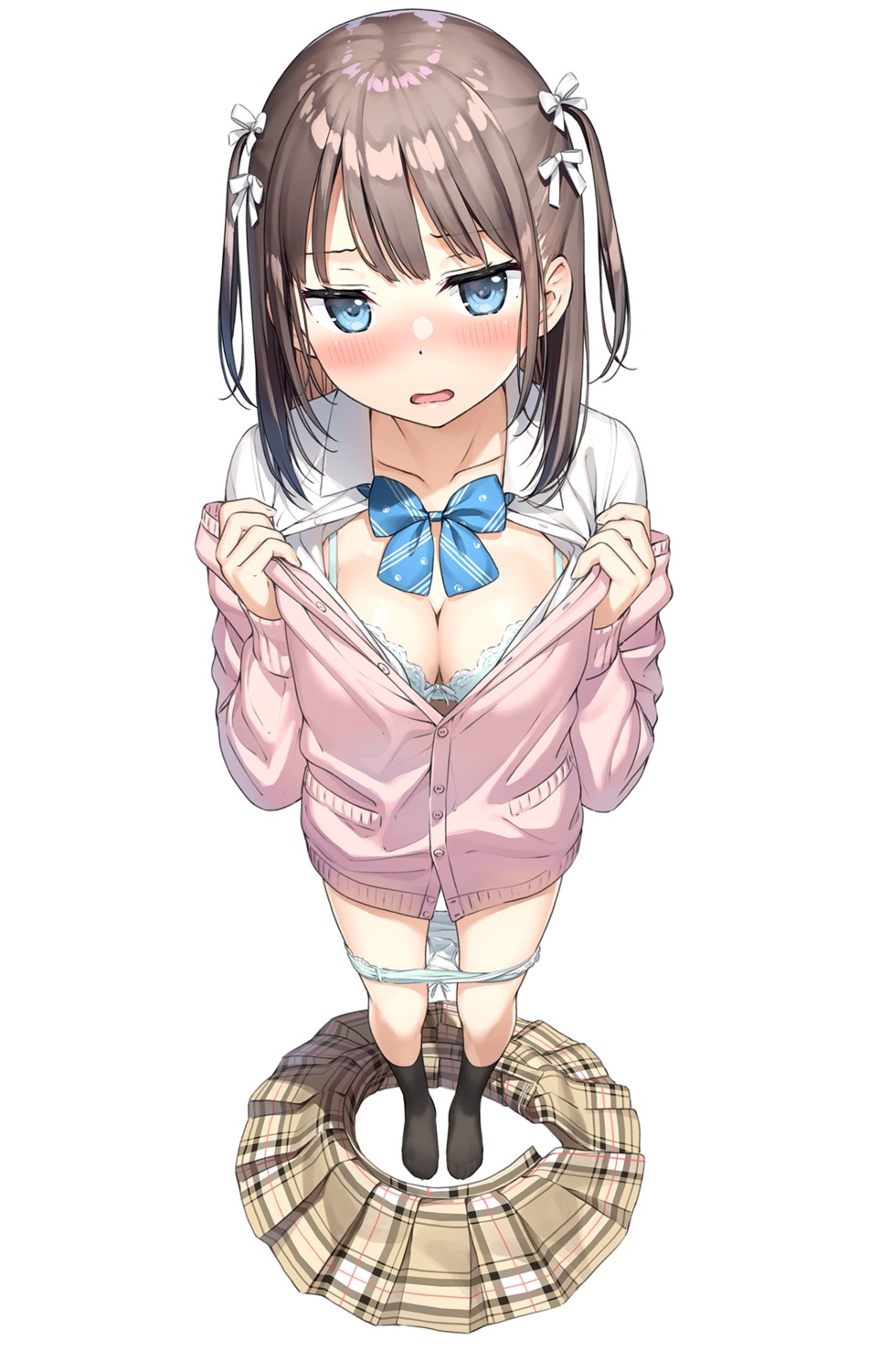 bottomless bra cleavage kantoku open_shirt pantsu panty_pull seifuku sweater undressing