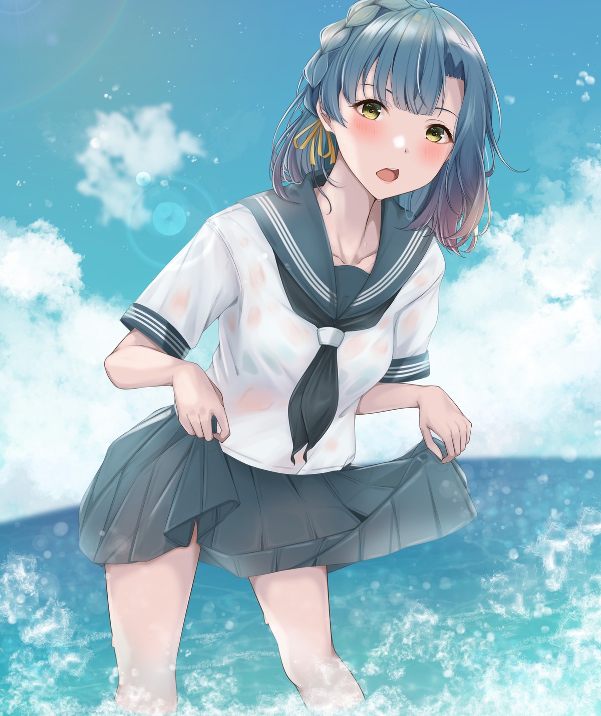 bra see_through seifuku skirt_lift wet wet_clothes yuzuyu_(hyui)