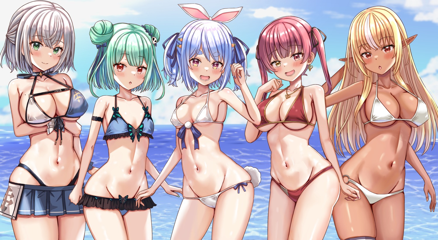 animal_ears bikini bunny_ears elf erect_nipples heterochromia hololive houshou_marine loli nootomo pointy_ears shiranui_flare shirogane_noel swimsuits tail uruha_rushia usada_pekora