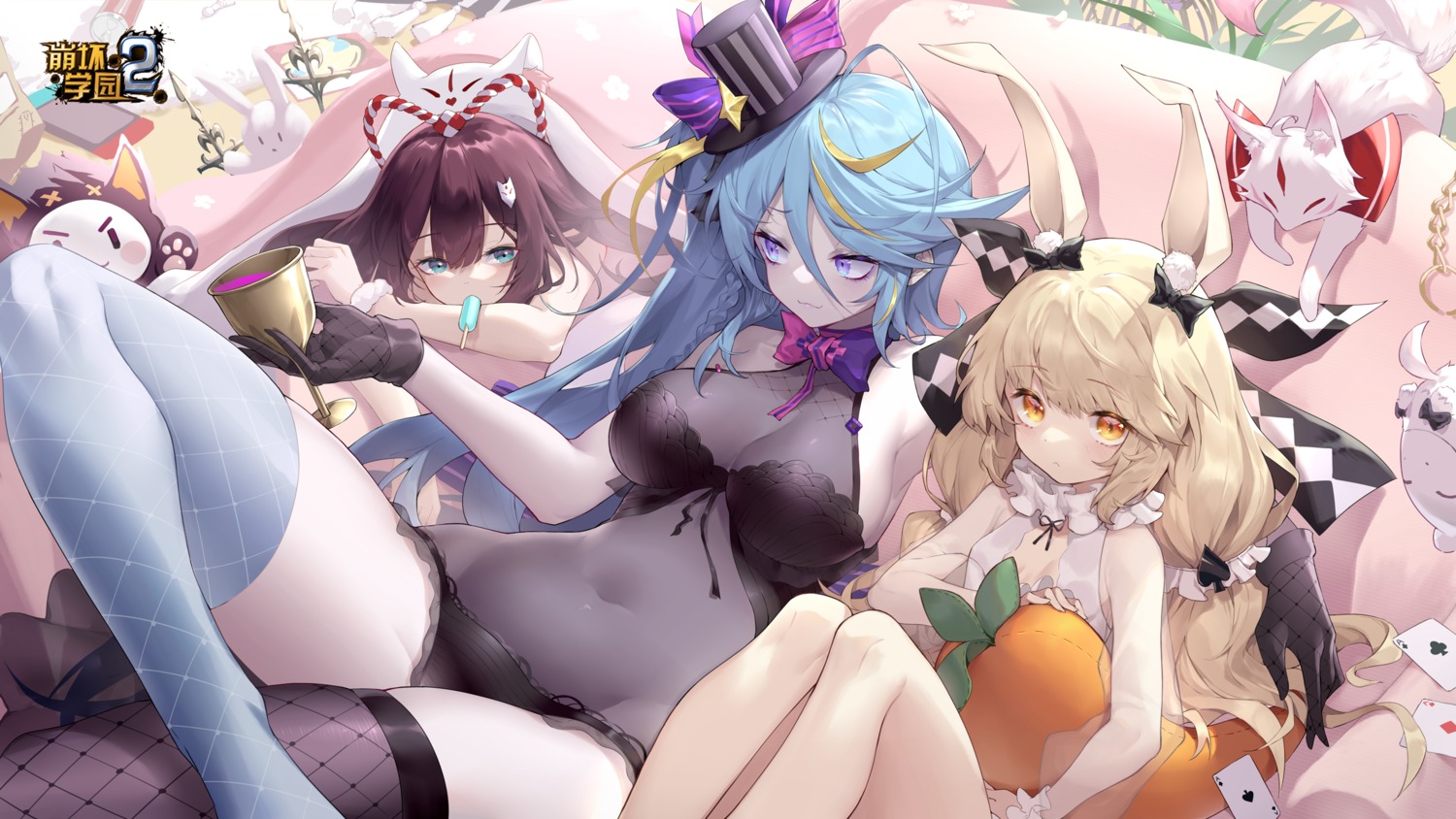 animal_ears benghuai_xueyuan bunny_ears fishnets lingerie no_bra see_through shanyao_jiang_tororo thighhighs wallpaper