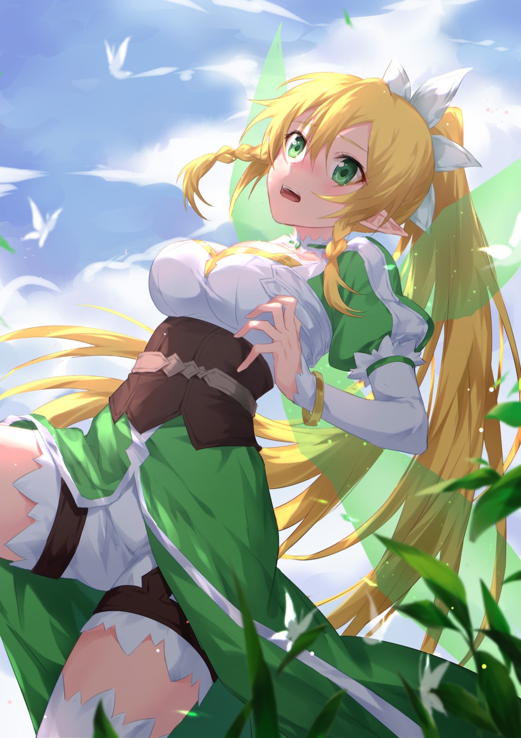 devil_heavens elf leafa pointy_ears skirt_lift sword_art_online thighhighs wings